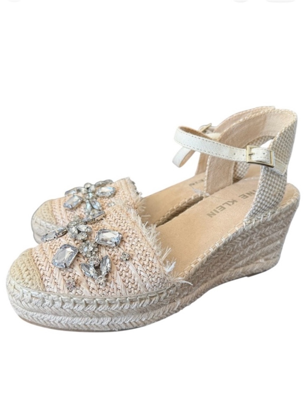 Anne Klein Beige Espadrille Wedge Sandals with Crystal Appliqué